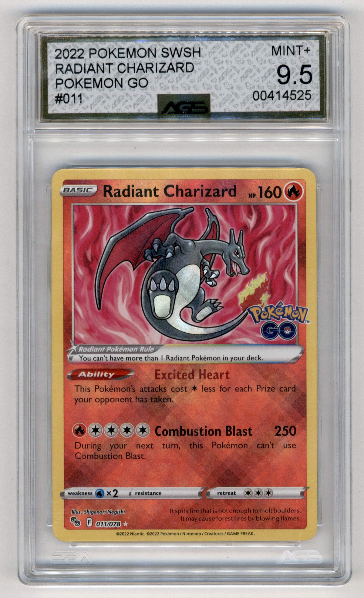 Pokemon Radiant Charizard 011/078 Holo 2022 Pokemon Go AGS 9.5