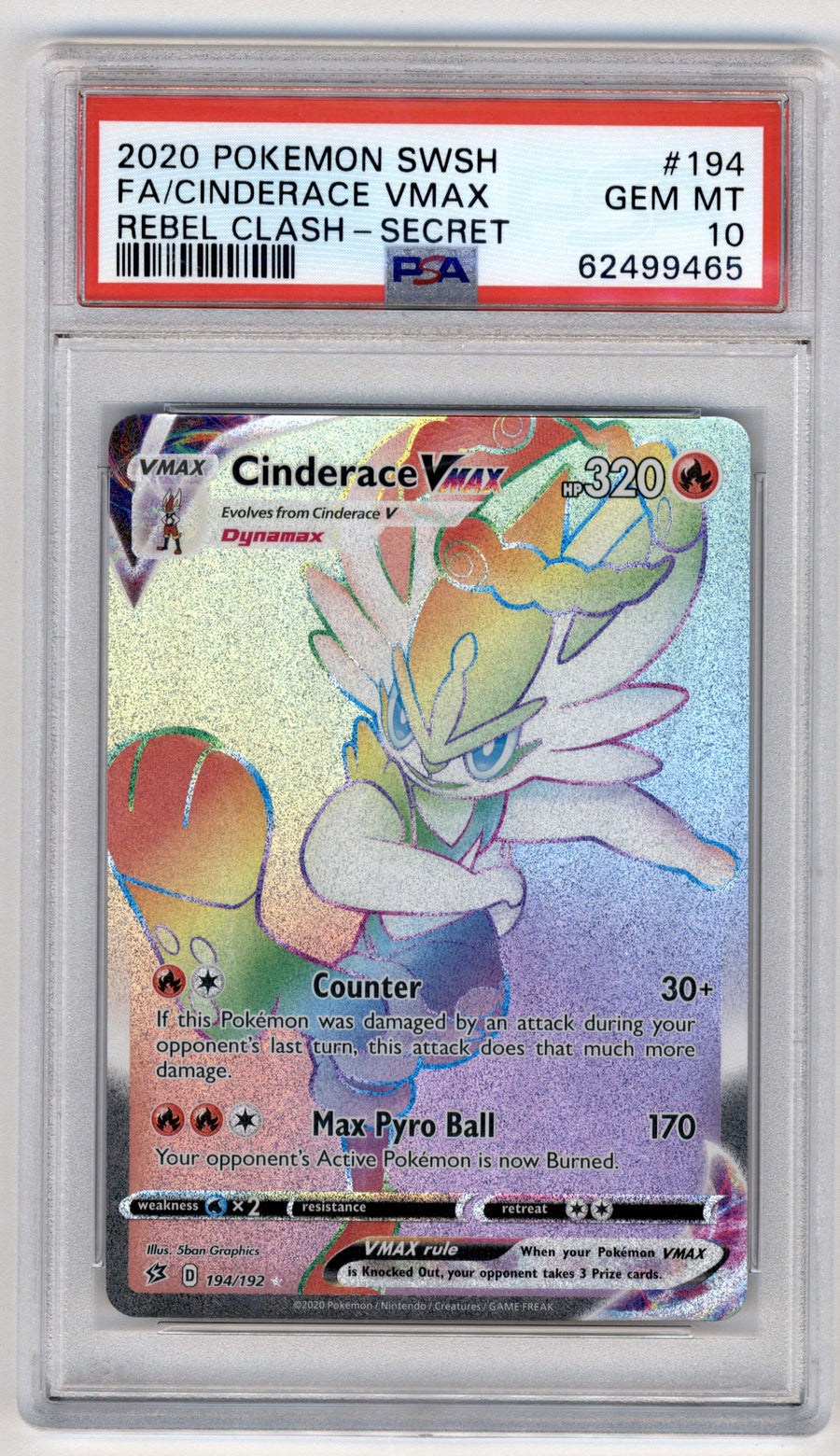 Pokemon Cinderace Vmax 194/192 Full Art Secret Rare 2020 Sword & Shield Rebel Clash PSA 10