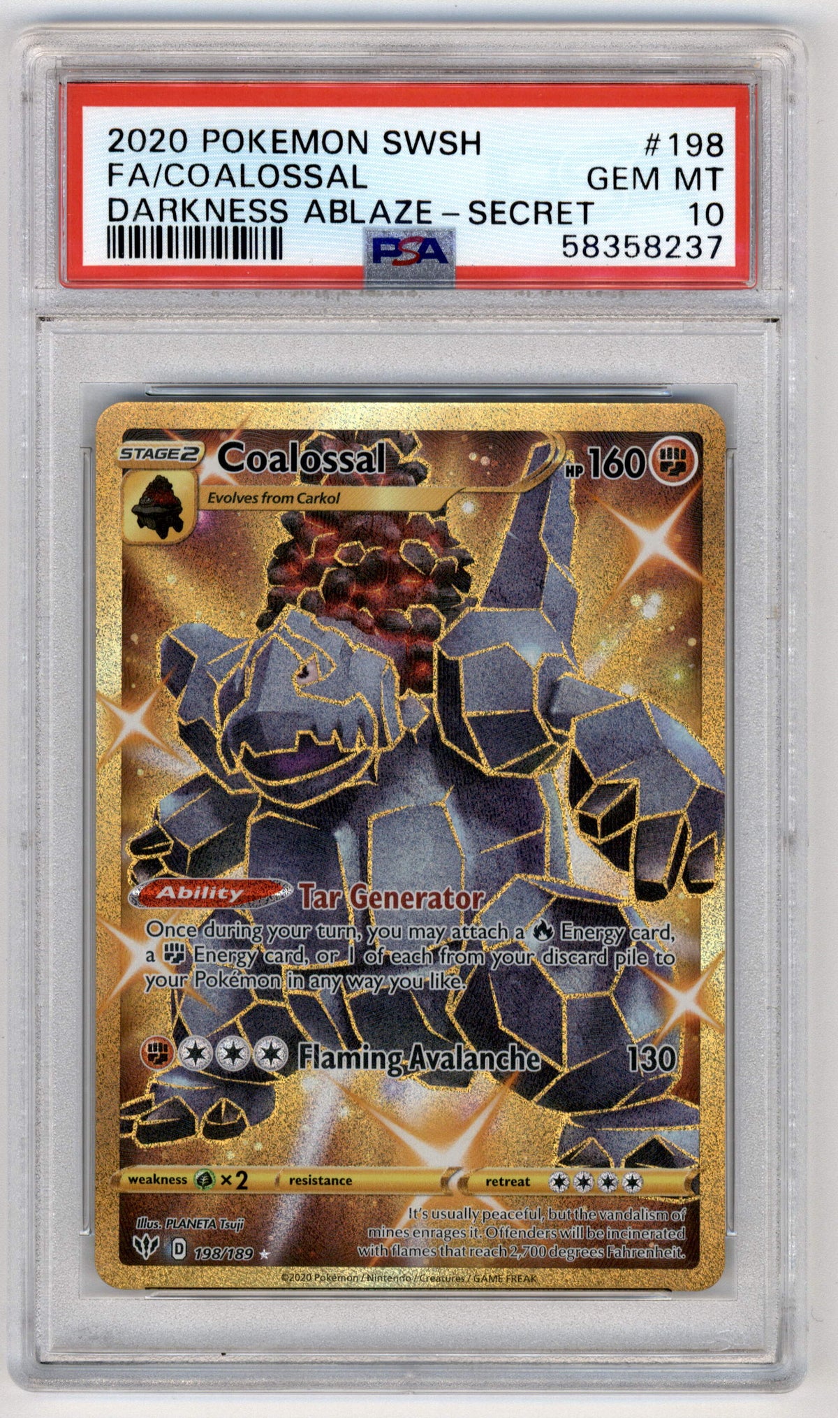 Pokemon Coalossal 198/189 Full Art Secret Rare 2020 Sword & Shield Darkness Ablaze PSA 10