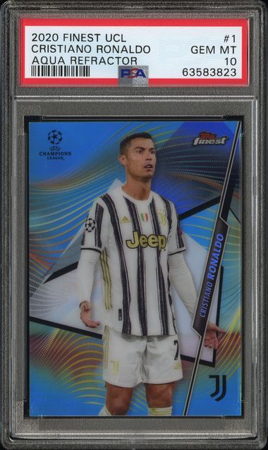 Topps Cristiano Ronaldo 15/75 Aqua Refractor #1  2020 Topps Finest UEFA Champions League PSA 10