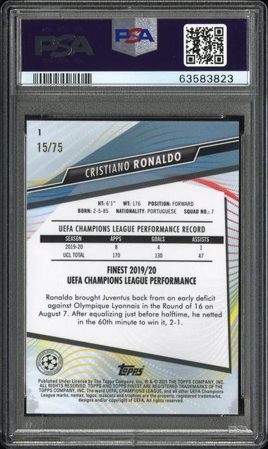 Topps Cristiano Ronaldo 15/75 Aqua Refractor #1  2020 Topps Finest UEFA Champions League PSA 10