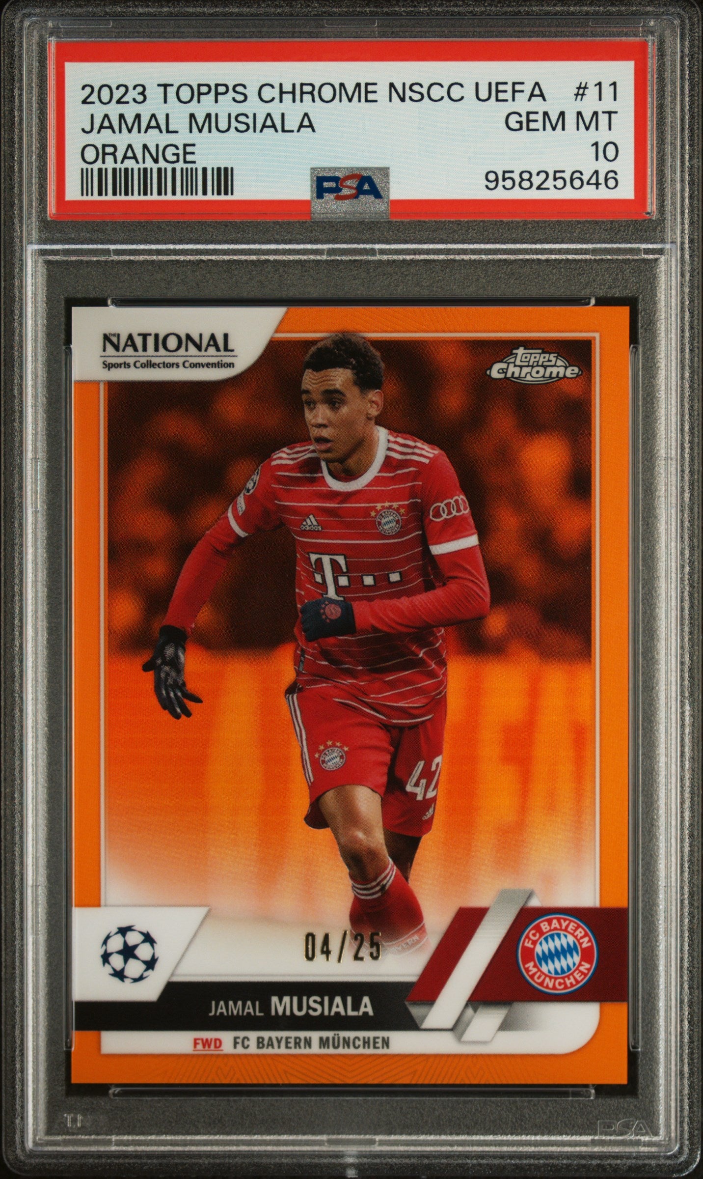 Topps Jamal Musiala Orange Refractor /25 Chrome NSCC UEFA 2023 #11 PSA10