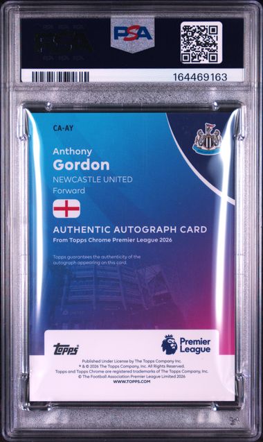 Topps Anthony Gordon 09/10 Chrome Autograph Black Geometric #CA-AY 2025-2026 Topps Chrome Premier League PSA 9
