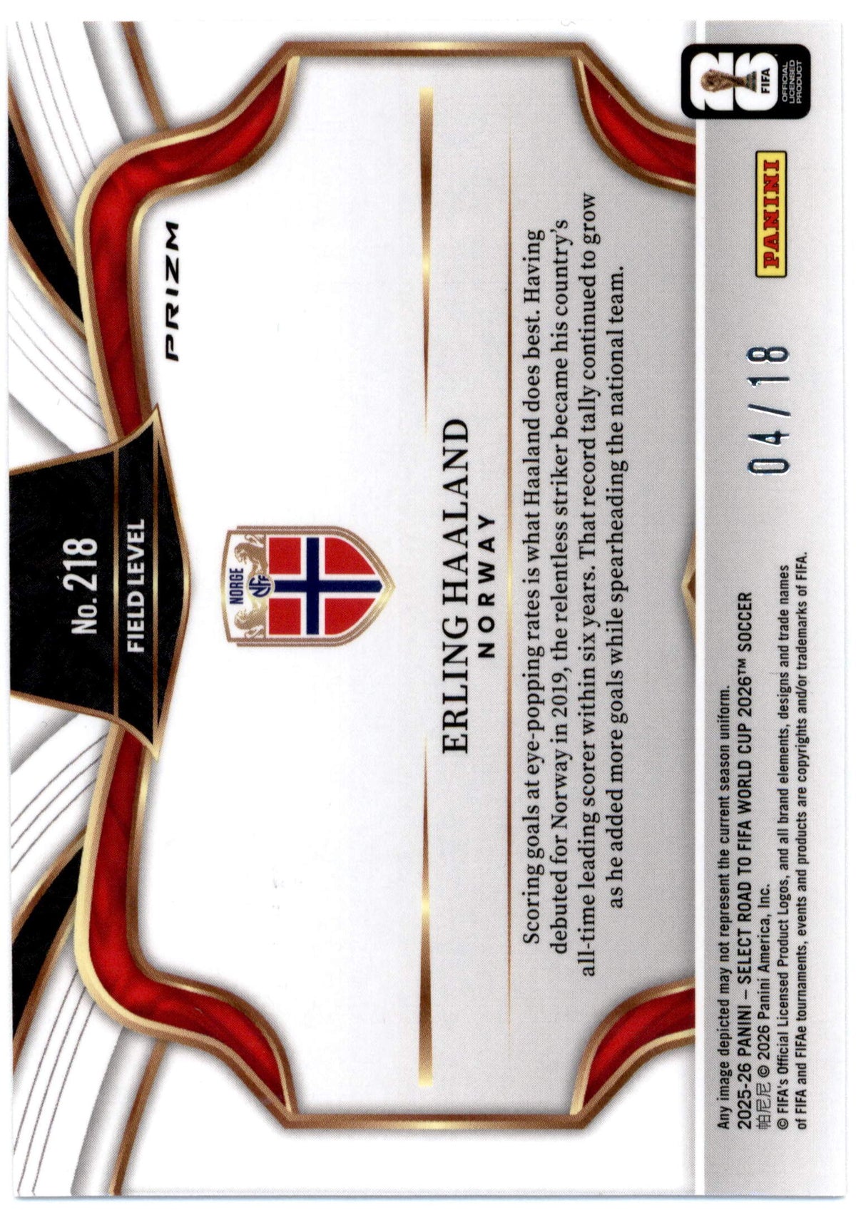 Panini Erling Haaland 04/18 Green Dragon Scale #218 2026 Select Road To Fifa World Cup