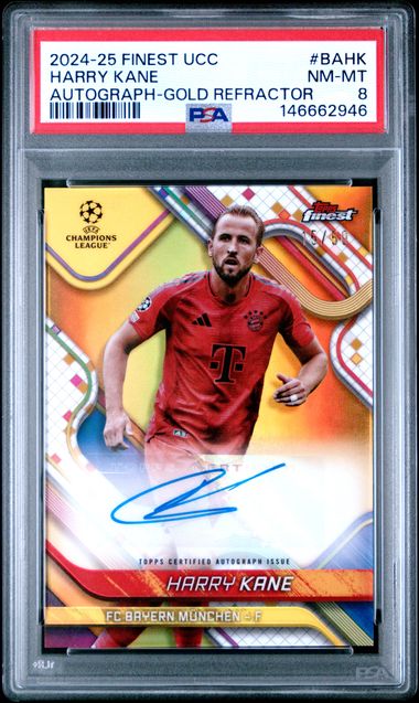 Topps Harry Kane 15/50 Autograph Gold Refractor #BA-HK 2024-25 Topps Finest Uefa Club Competitions PSA 8