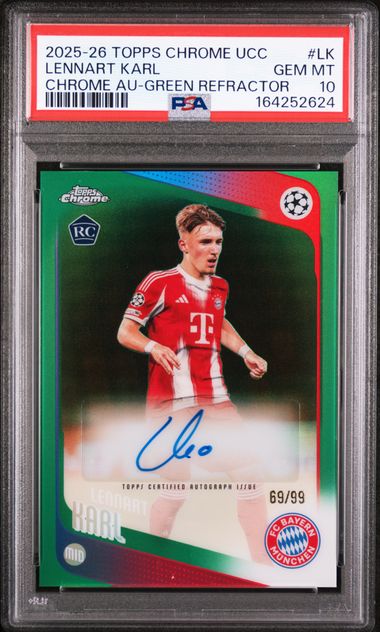 Topps Lennart Karl 69/99 Autograph Green Refractor #LK 25-2026 Topps Chrome Uefa Club Competitions PSA 10