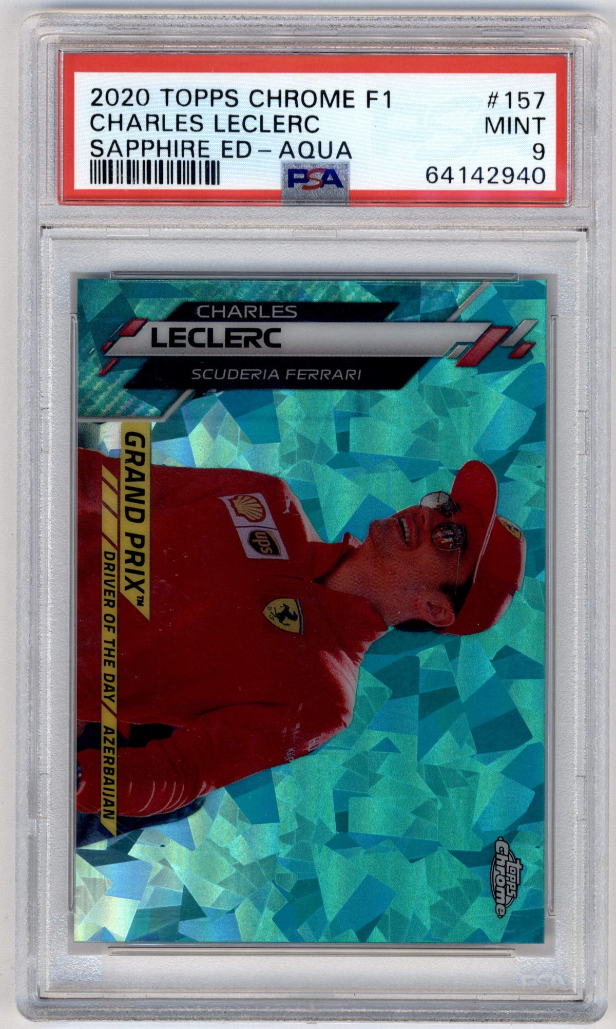 Topps Charles Leclerc 20/99 Aqua Sapphire #157 2020 Chrome Formula 1 Sapphire Edition PSA 9