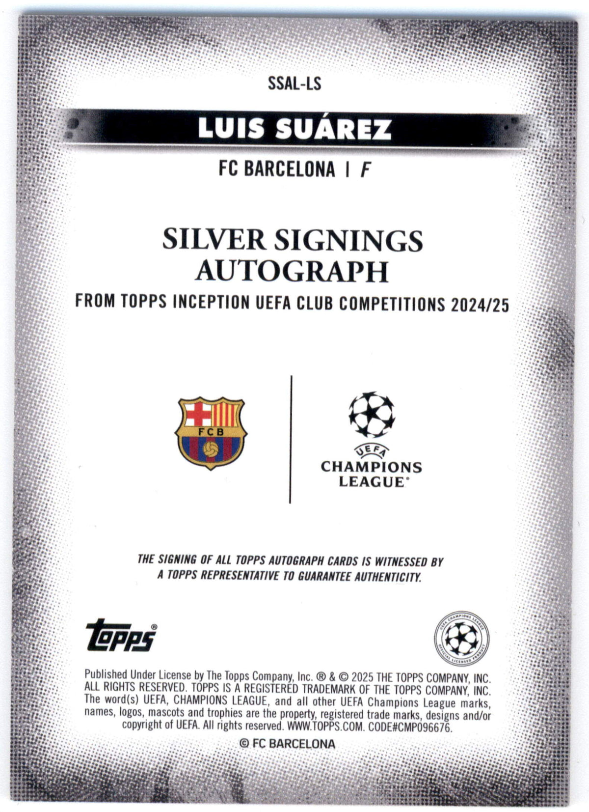 Topps Luis Suarez Silver Signings Autograph #SSAL-LS 2024/25 Inception UEFA Club Competitions
