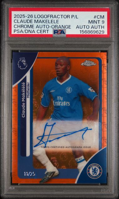 Topps Claude Makelele 11/25 Chrome Autograph Orange #CA-CM 2025 -2026 Topps Chrome Premier League Logofractor Edition Chrome PSA 9