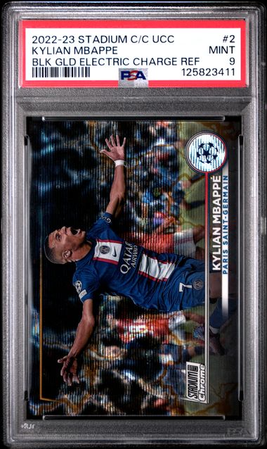 Topps Kylian Mbappe 18/35 Black Gold Electric Charge Refractor #2 2022 Stadium Club Chrome UEFA Competitions PSA 9