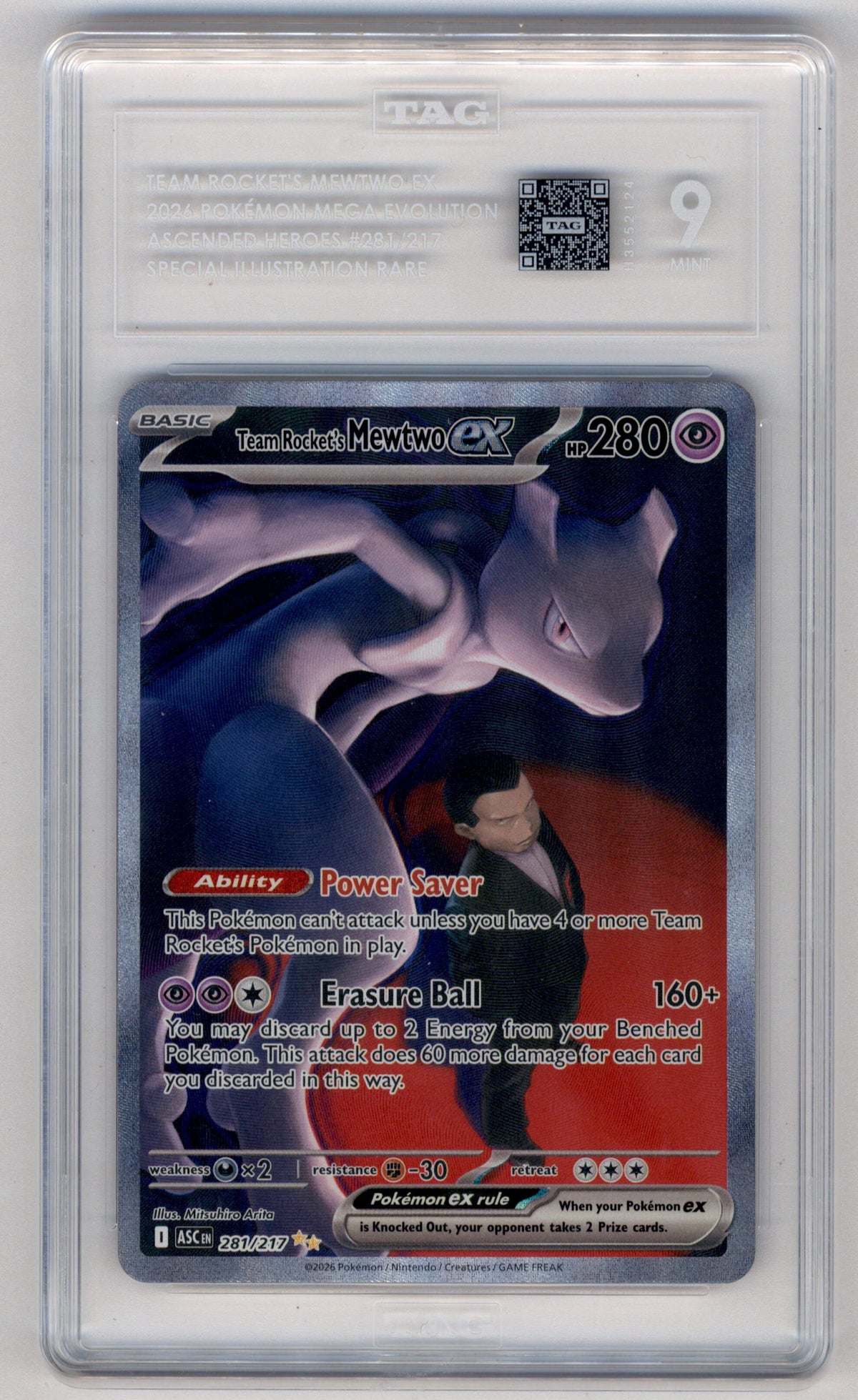 Pokemon Team Rocket's Mewtwo EX 281/217 Special Illustration Rare 2026 Ascended Heroes TAG 9