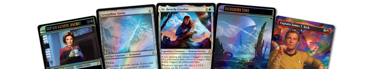 Five Magic: The Gathering trading cards fanned out against a white background, featuring characters from Star Trek including Captain James T. Kirk, Uh-Oh! (Korvac), Breathe Keeper, Persuasion Tool, and Command Deck: Star Trek.