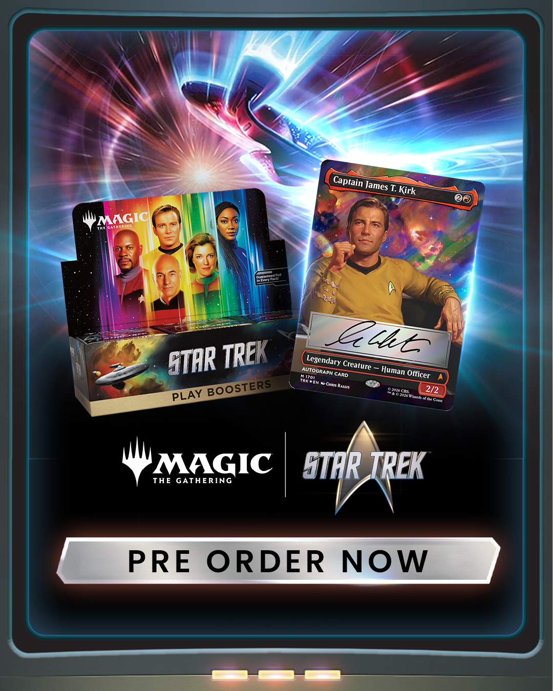 Magic: The Gathering Star Trek pre-order promotional graphic showing a Star Trek play booster box, a collectible card, and a large 'PRE ORDER NOW' banner against a space-themed background.