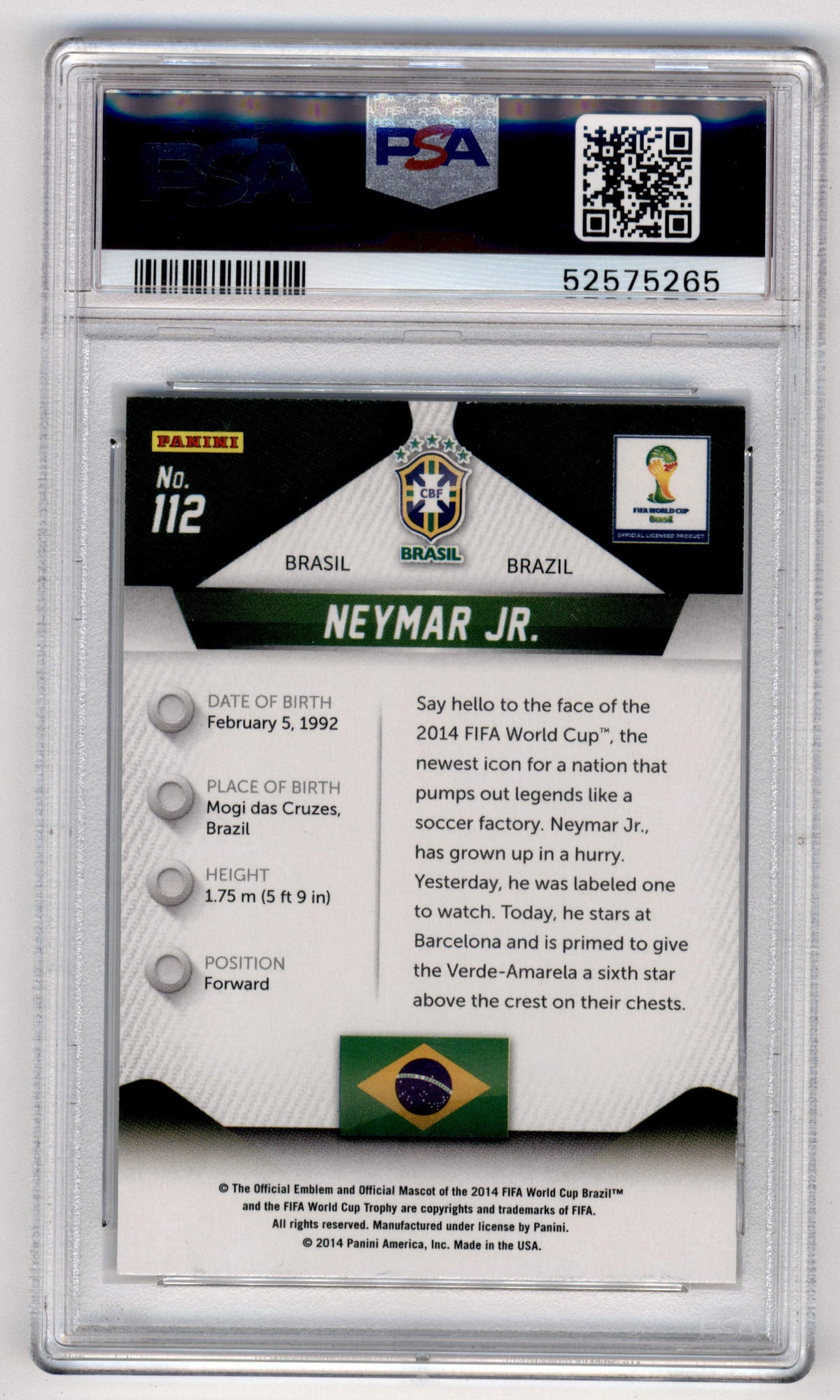 Panini Neymar Jr. #112 2014 Panini Prizm World Cup PSA 10
