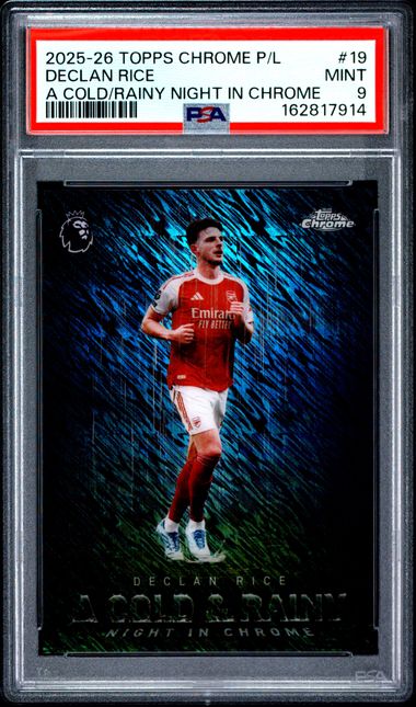 Topps Declan Rice A Cold & Rainy Night In Chrome #CRN-19 2025-26 Topps Chrome Premier League PSA 9