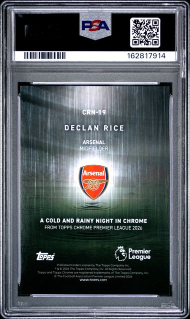 Topps Declan Rice A Cold & Rainy Night In Chrome #CRN-19 2025-26 Topps Chrome Premier League PSA 9