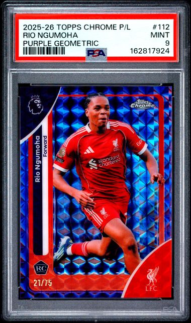 Topps Rio Ngumoha 21/75 Purple Geometric #112 2025-2026 Topps Chrome Premier League PSA 9