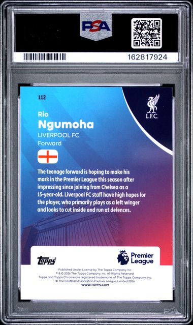 Topps Rio Ngumoha 21/75 Purple Geometric #112 2025-2026 Topps Chrome Premier League PSA 9