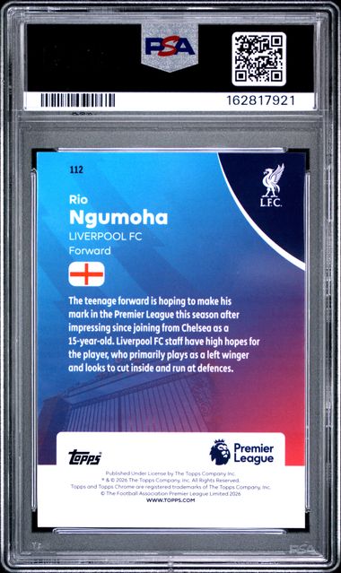 Topps Rio Ngumoha Pulsar #112 2025 -2026 Topps Chrome Premier League PSA 10