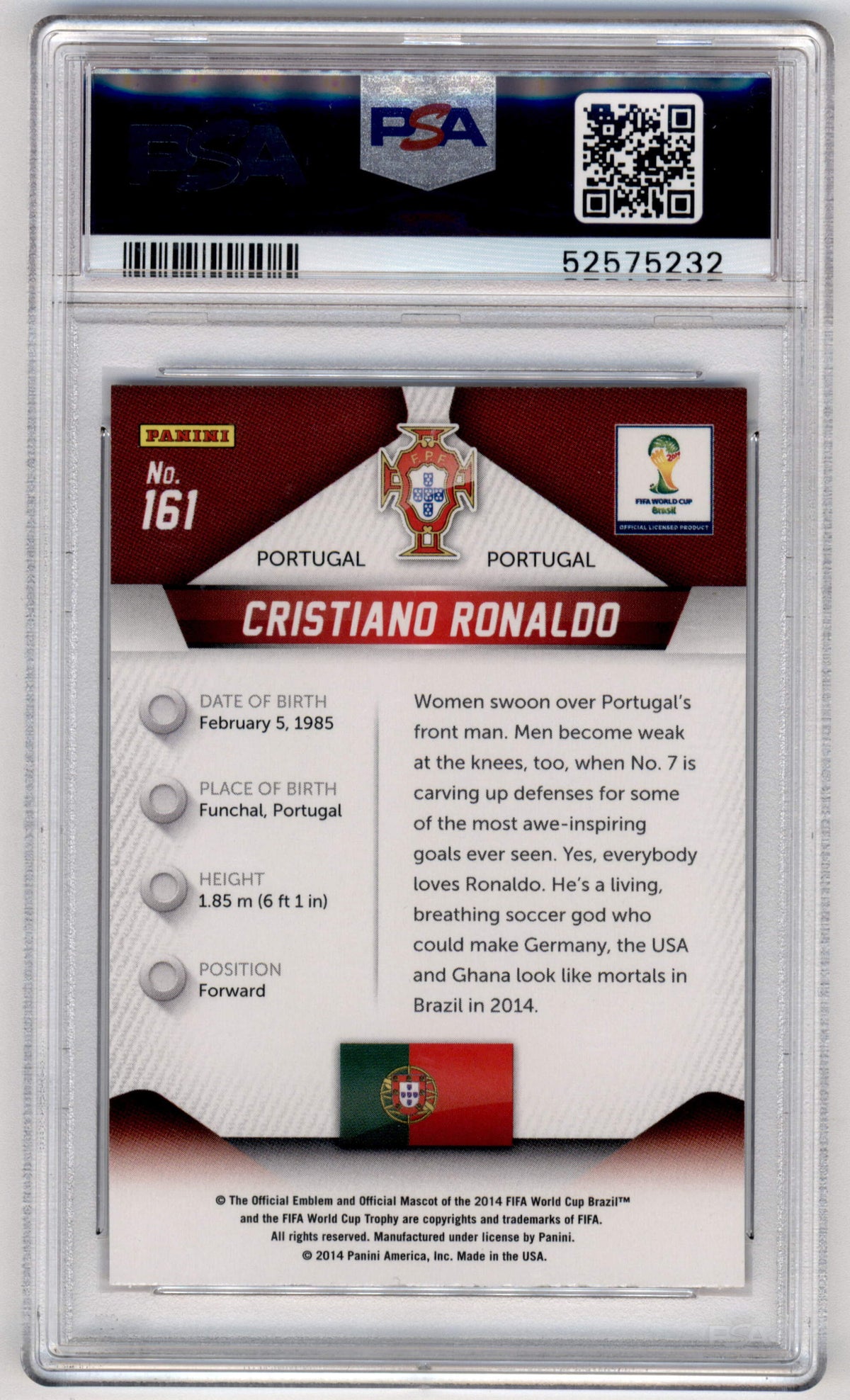 Panini Cristiano Ronaldo #161 2014 2014 Panini Prizm World Cup PSA 10