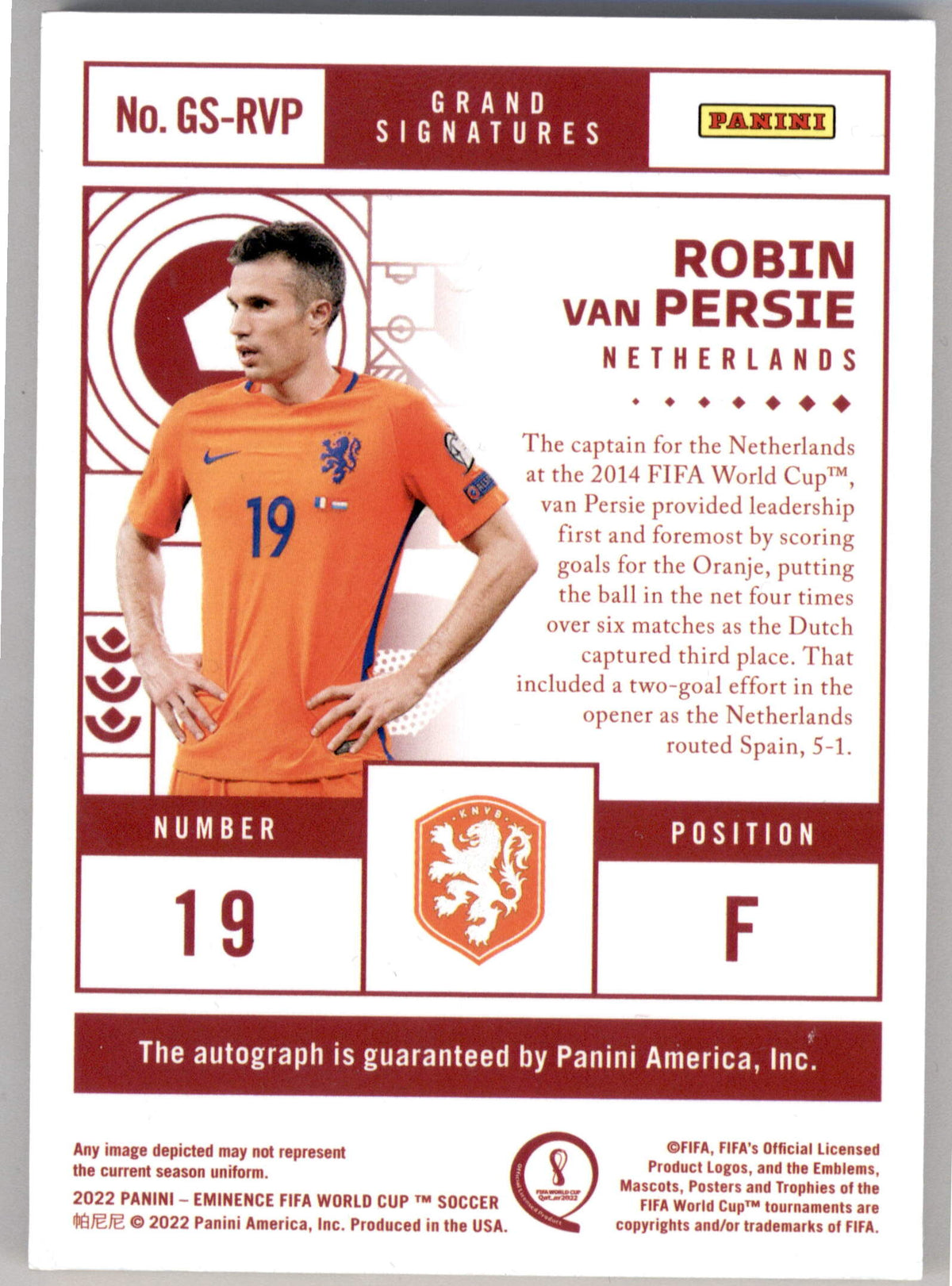Panini Robin Van Persie Grand Signatures Autograph 02/10 #GS-RVP 2022 Eminence FIFA World Cup 2022 Soccer