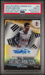 Topps Heung Min Son 16/50 Global Attractions Autographs Gold Refractor #GLA-HS 2024-25 Topps Chrome Uefa Club Competitions PSA 9