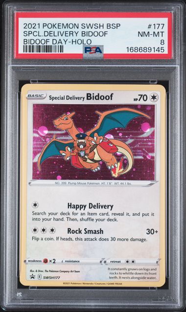 Pokemon Spcl.delivery Bidoof Bidoof Day SWSH177 Holo 2021 SWSH Black Star Promo PSA 8