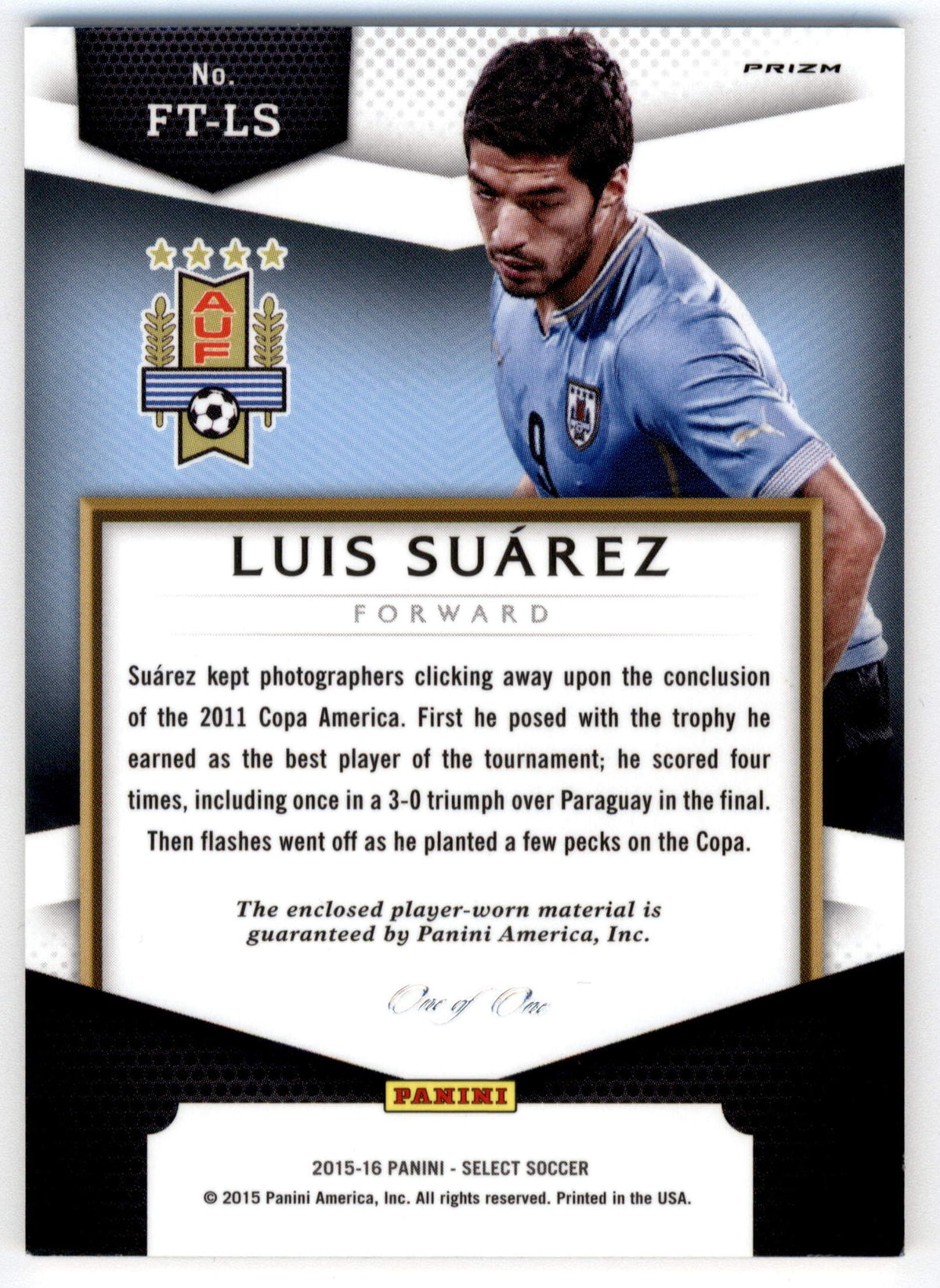 Panini Luis Suarez 1/1 Relic First Team #FT-LS 2015 Select Soccer
