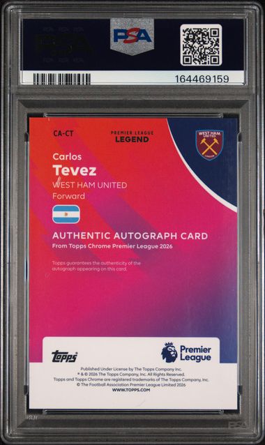 Topps Carlos Tevez 11/25 Autograph Orange Geometric #CA-CT 2025/26 Topps Chrome Premier League PSA 10