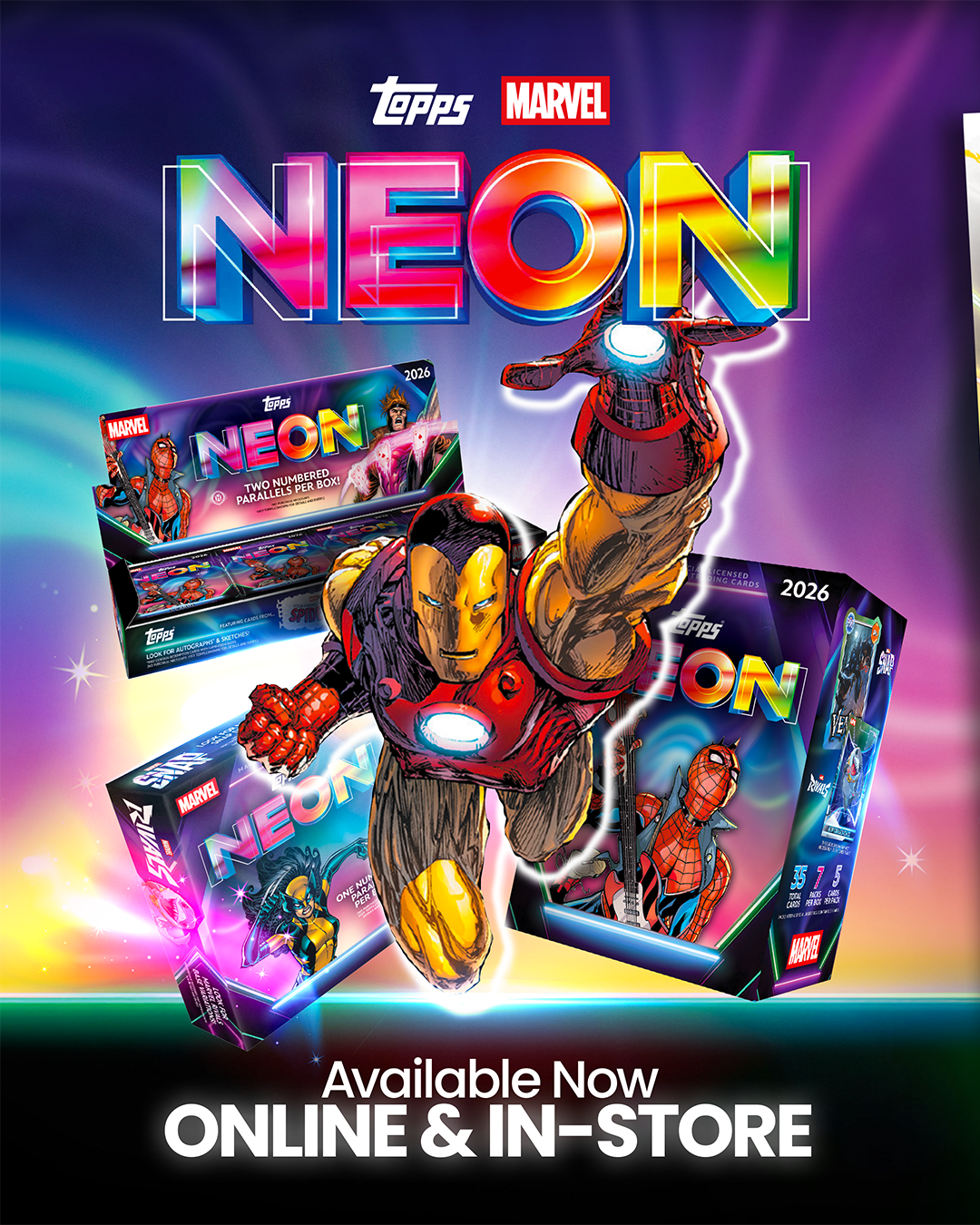 Promotional graphic for Topps Marvel Neon trading card boxes, showing Iron Man in the center with three boxed products around him on a colorful neon gradient background. Visible brands include Topps and Marvel.