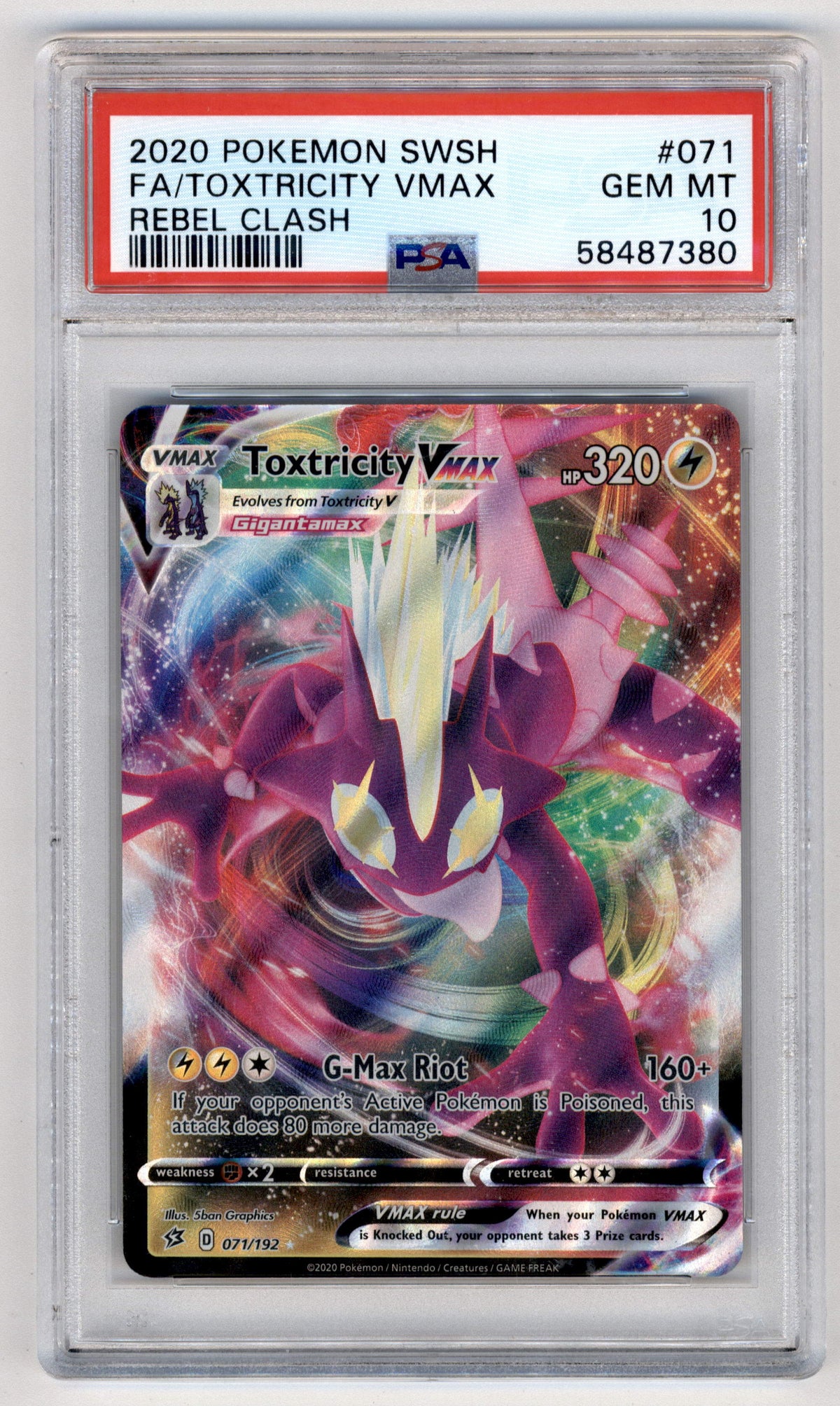 Pokemon Toxtricity Vmax 071/192 Full Art 2020 Sword & Shield Rebel Clash PSA 10