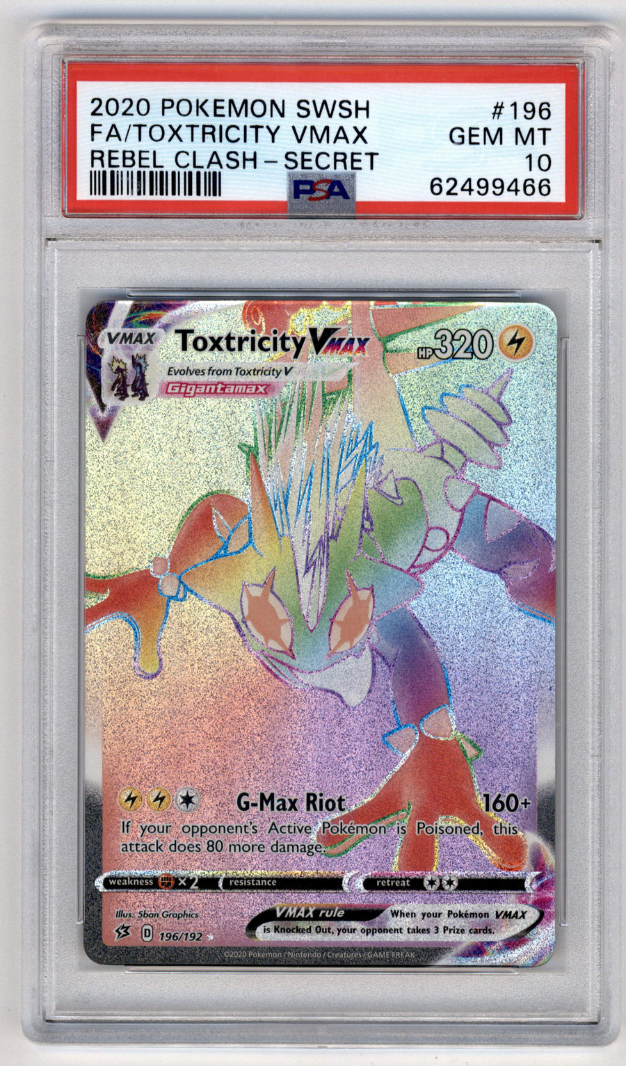 Pokemon Toxtricity Vmax 196/192 Full Art Secret Rare 2020 Sword & Shield Rebel Clash PSA 10