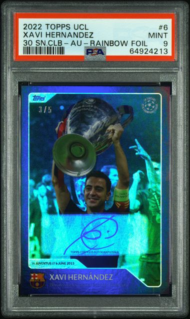 Topps Xavi Hernandez 30 Seasons Autograph Rainbow Foil #6 2022 Topps UEFA Champions League PSA 9
