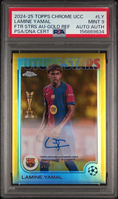 Topps Lamine Yamal 10/50 Future Stars Autographs Gold Ref #FSA-LY 2024 -25 Topps Chrome Uefa Club Competitions PSA 9